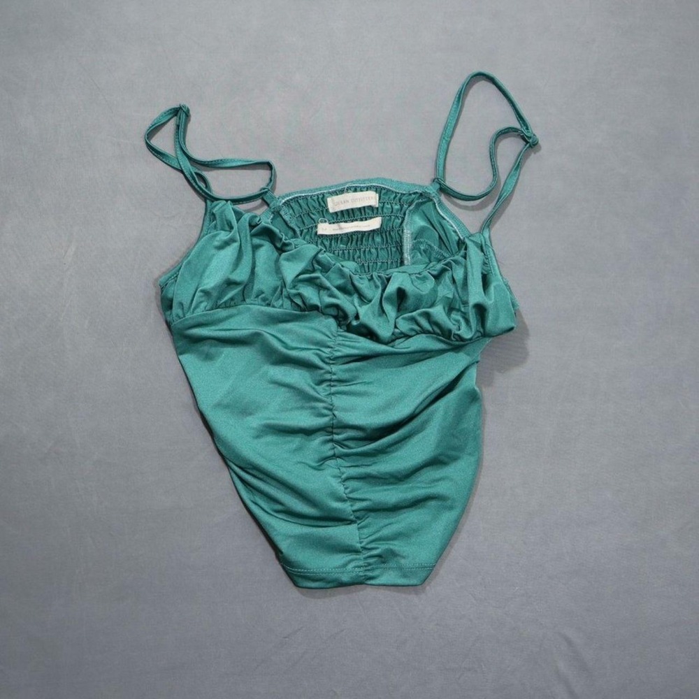 Urban Outfitters Teal Green Ruched Satin Cami Top Smocked Back Y2K Small